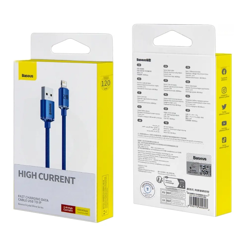 Кабель USB Lightning 1.2M 2.4A Crystal Shine Series Fast Charging Baseus синий CAJY000003