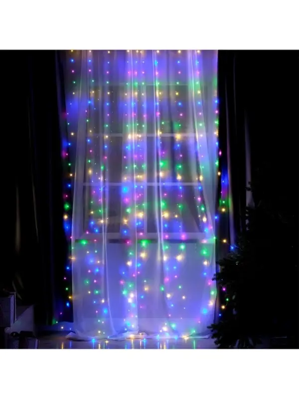 Гирлянда &laquo;Занавес&raquo; 2.8&times;3 м, роса на крючках, с пультом, IP20, серебристая нить, 300 LED, свечение мульти, 8 режимов, USB