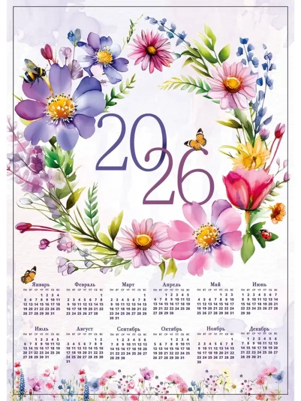 Календарь настенный 2026 «Цветы», А4 Календарь настенный 2026 «Цветы», А4