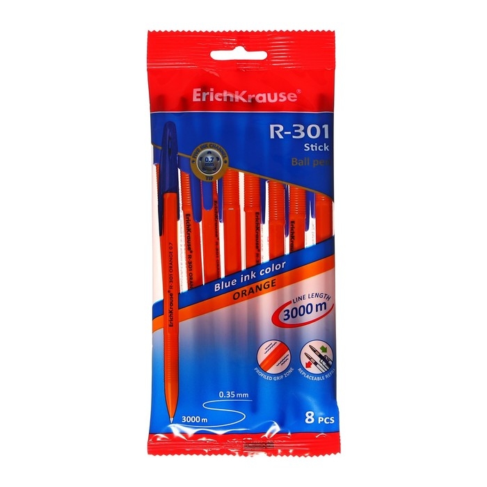 Набор ручек шариковых ErichKrause R-301 Orange Stick, 8 штук, узел 0.7 мм, цвет чернил синий Набор ручек шариковых ErichKrause R-301 Orange Stick, 8 штук, узел 0.7 мм, цвет чернил синий