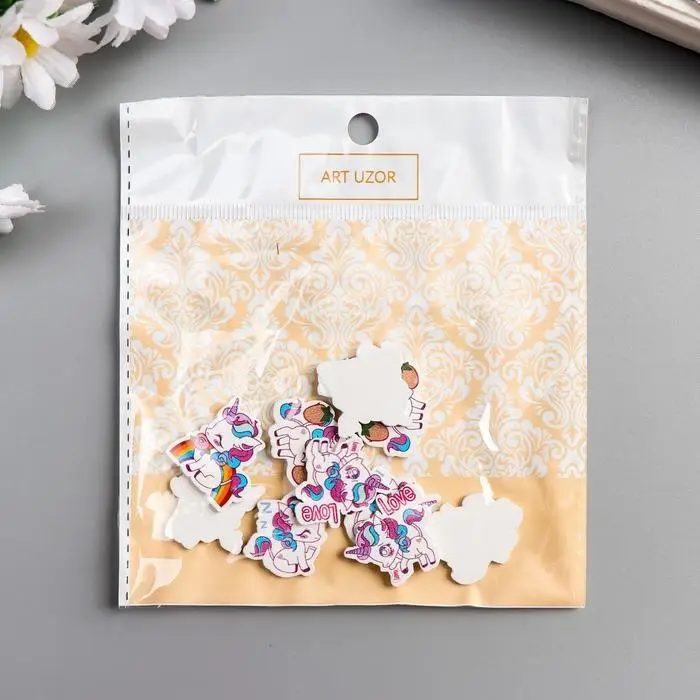 Декор для творчества дерево  Декор для творчества дерево "Единороги и радуга" набор 10 шт 2,2х2,4 см