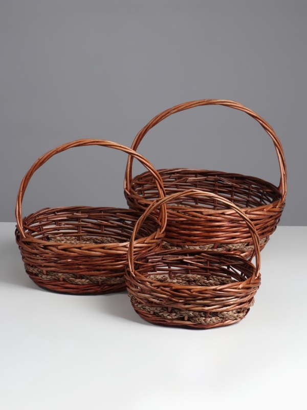Набор корзин плетёных, овальные 3 шт. L: 36×29 см, Н 13 см, Н с ручкой 37 см.M: 30×24/ 11H/ 30THS: 25×19/ 9H