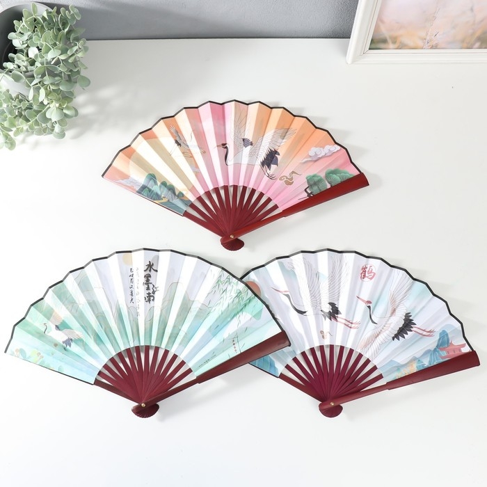 Веер дерево, текстиль h=26,8 см  Веер дерево, текстиль h=26,8 см "Журавли в небе" МИКС