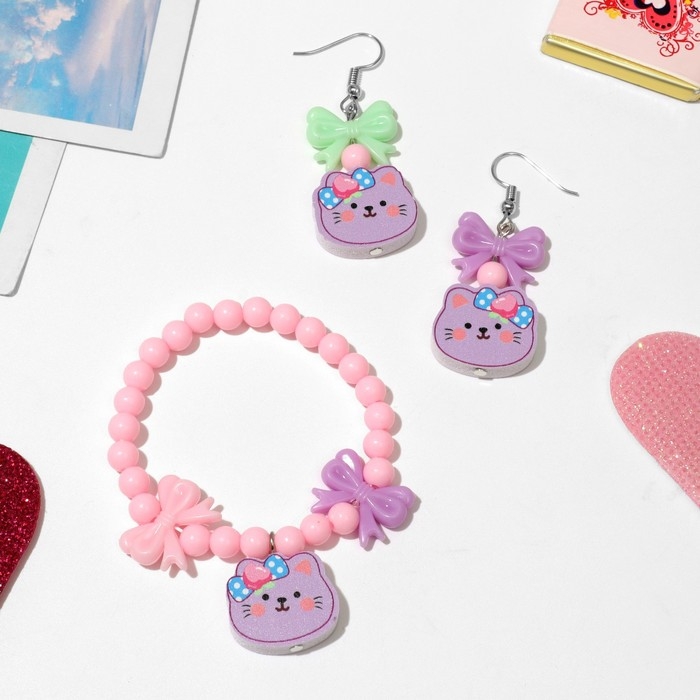 Набор детский «Выбражулька» 2 предмета: серьги, браслет, кошечка, цвет МИКС Набор детский «Выбражулька» 2 предмета: серьги, браслет, кошечка, цвет МИКС