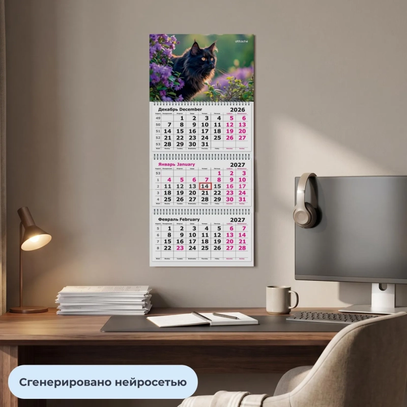 Календарь настенный 3-х блочный 2027 Attache черный кот 305х675мм