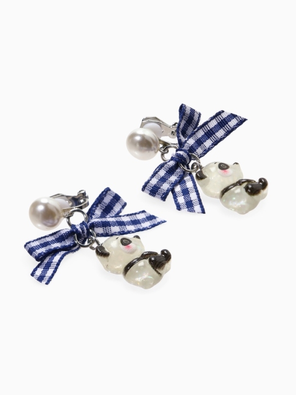Серьги-клипсы детские  Серьги-клипсы детские "Выбражулька" панда с бантом клетка и жемчужиной, цветные