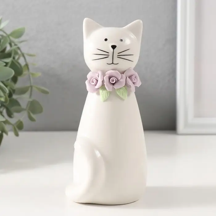 Фигурка керамика &laquo;Котик белый сидящий с цветочным ошейником&raquo;, 6.5&times;6.2&times;14.3 см