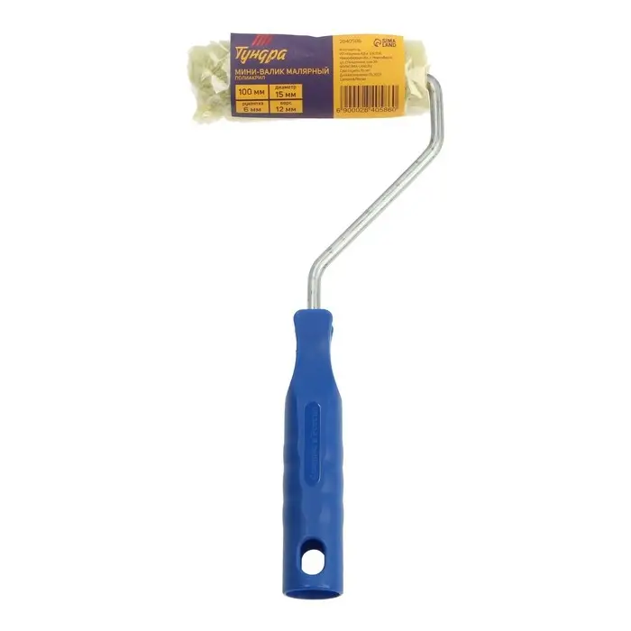 Мини-валик ТУНДРА, полиакрил, 100 мм, рукоятка d=6 мм, d=15 мм, ворс 12 мм, зеленый