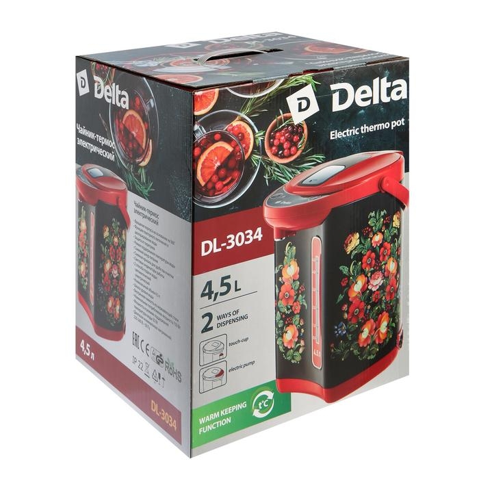 Термопот DЕLTA DL-3034, 4.5 л, 750 Вт, чёрно-красный с рисунком  Термопот DЕLTA DL-3034, 4.5 л, 750 Вт, чёрно-красный с рисунком "Хохлома"