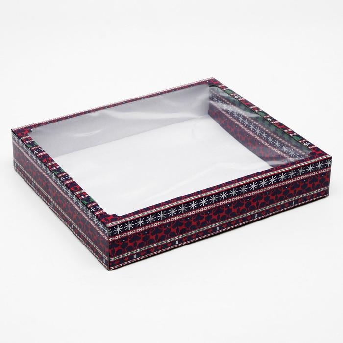 Новый год. Коробка сборная крышка-дно с окном, Новый год. Коробка сборная крышка-дно с окном, "Новогодний принт", 37 х 32 х 7 см.
