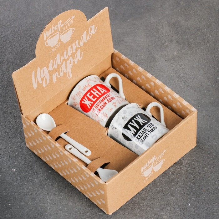 Набор керамический «Муж и жена»: кружка 140 мл 2 шт., ложка 2 шт., цвет белый Набор керамический «Муж и жена»: кружка 140 мл 2 шт., ложка 2 шт., цвет белый