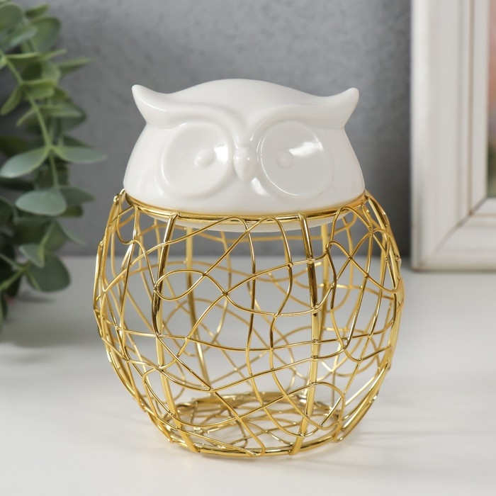 Шкатулка металл, керамика  Шкатулка металл, керамика "Филин. Каракули" белая 10х10х11,5 см