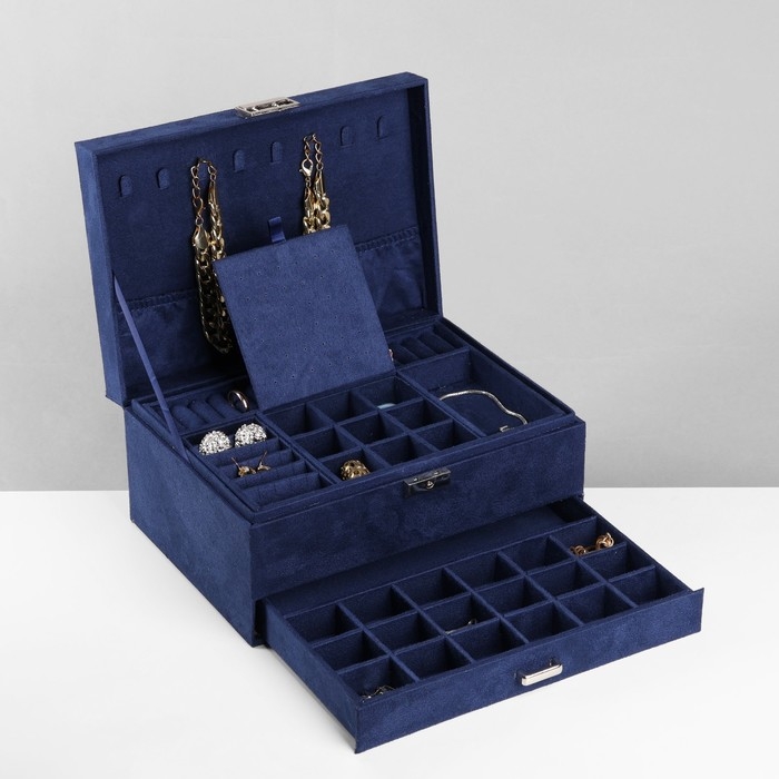 Подставка для украшений «Шкатулка» 2-х уровневая, флок, 24,5×17×12 см, цвет синий Подставка для украшений «Шкатулка» 2-х уровневая, флок, 24,5×17×12 см, цвет синий