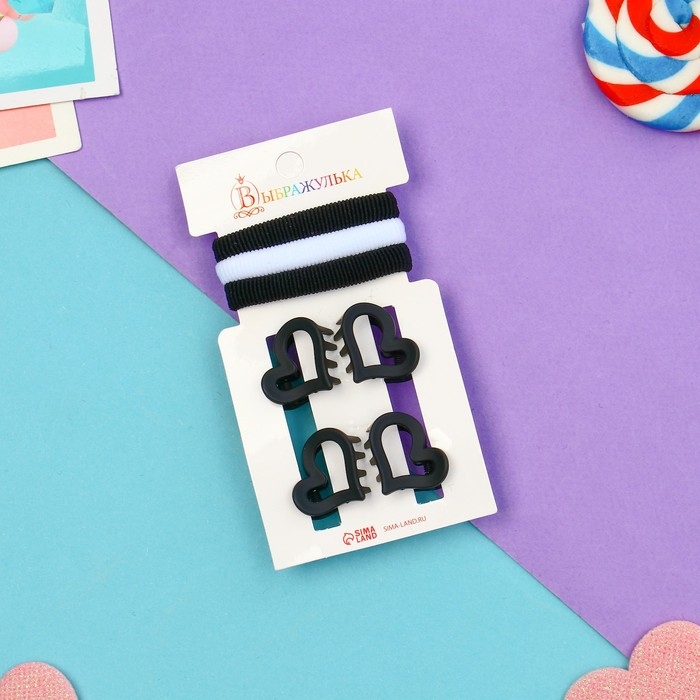 Набор для волос Набор для волос "Галея" (3 резинки 5 см, 4 краба 2 см) сердце, чёрно-белый