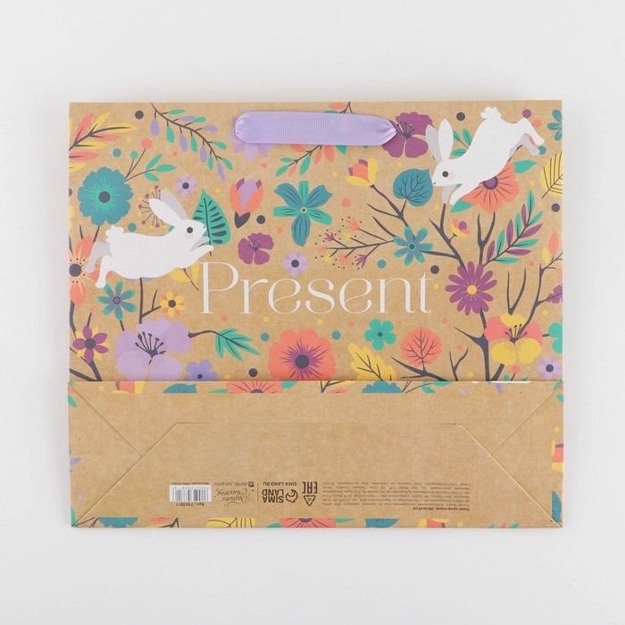 Пакет подарочный крафтовый горизонтальный, упаковка, «Present», 30 х 26 х 9 см