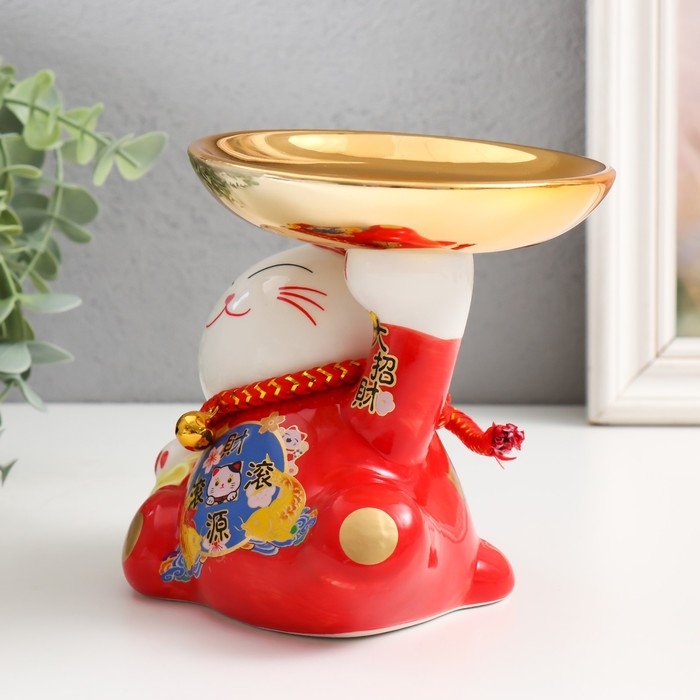 Копилка керамика "Кот Манэки-нэко для привлечения богатства с тарелкой" 11,5х15,5х13 см