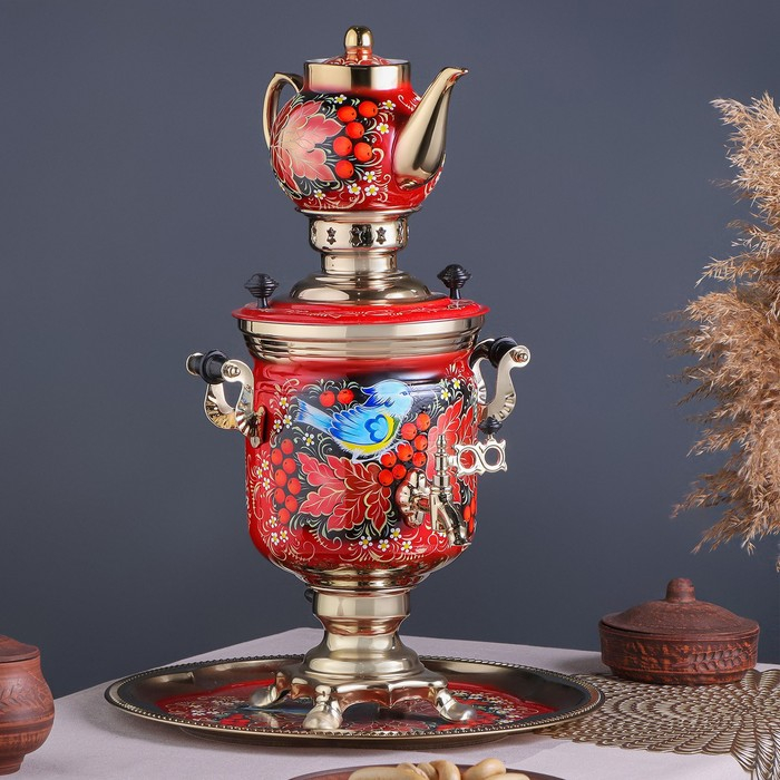 Набор «Рябина», 3 предмета, самовар 3 л, заварочный чайник 0,7 л, поднос Набор «Рябина», 3 предмета, самовар 3 л, заварочный чайник 0,7 л, поднос