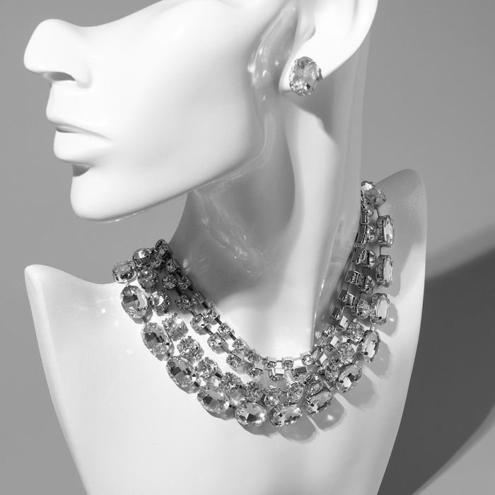 Набор 2 предмета; серьги, колье «Вечерний» 4 ряда, цвет белый в серебре Набор 2 предмета; серьги, колье «Вечерний» 4 ряда, цвет белый в серебре