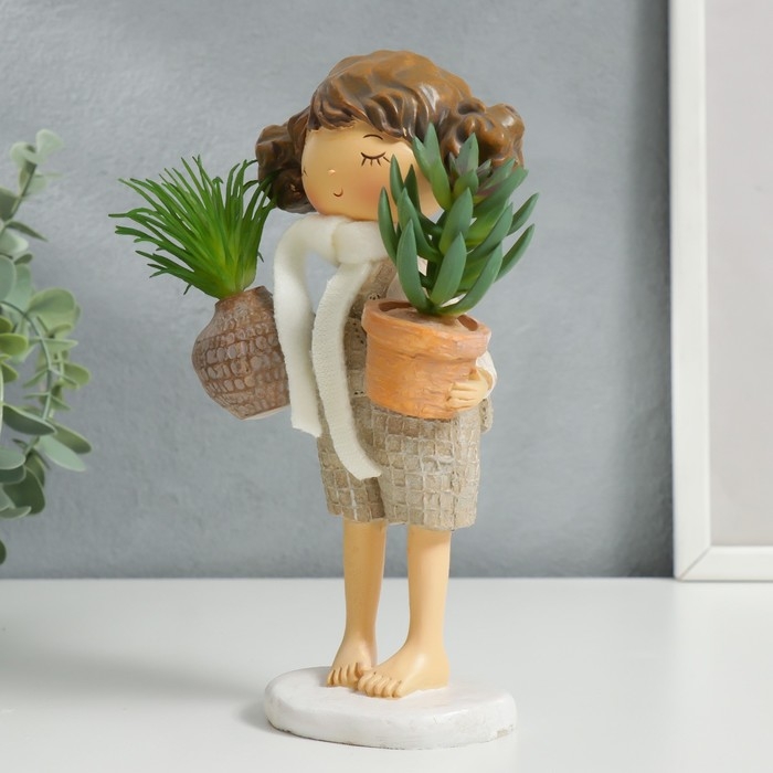 Сувенир полистоун  Сувенир полистоун "Малышка с хвостиками, с растениями в горшках" 20,5х8х10,3 см