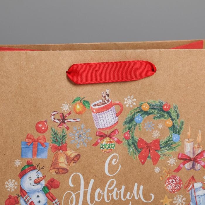 Пакет подарочный новогодний крафтовый вертикальный «Венок», MS 18 х 23 х 10 см, Новый год Пакет подарочный новогодний крафтовый вертикальный «Венок», MS 18 х 23 х 10 см, Новый год
