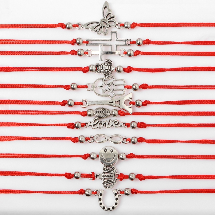 Браслет-оберег «Красная нить» набор 12 шт., ассорти знаков, цвет чернёное серебро, 17,5 см