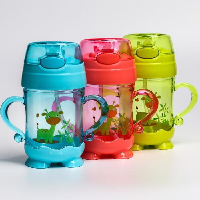 Поильник детский с силиконовой трубочкой, 220 мл., с ручками, цвета МИКС Поильник детский с силиконовой трубочкой, 220 мл., с ручками, цвета МИКС