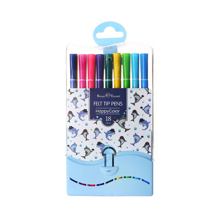 Фломастеры 18 цветов HappyColor, на водной основе, в пластиковом пенале, МИКС Фломастеры 18 цветов HappyColor, на водной основе, в пластиковом пенале, МИКС