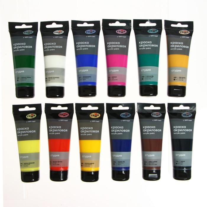 Краска акриловая в тубе, набор 12 цветов х 75 мл, Гамма Краска акриловая в тубе, набор 12 цветов х 75 мл, Гамма "Студия", морозостойкая, в картонной коробке, 140820202