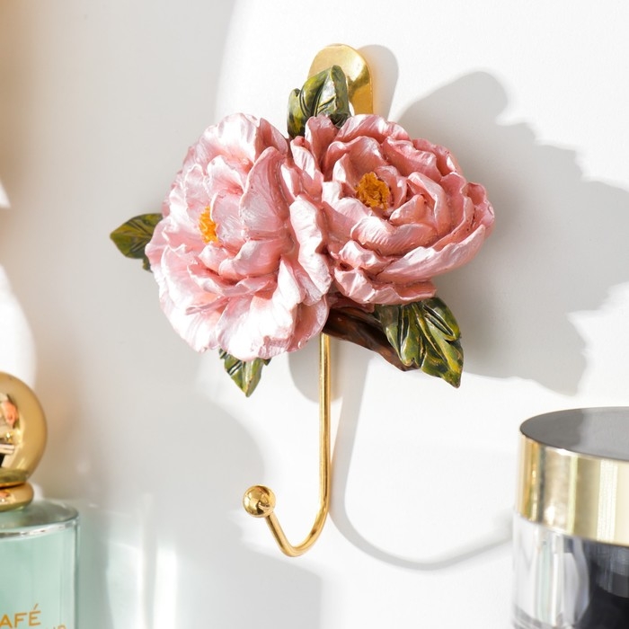 Крючок декоративный полистоун, металл Крючок декоративный полистоун, металл "Розовые пионы" 11х10,3 см
