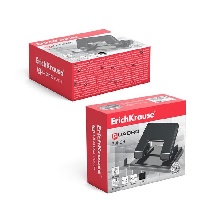 Дырокол ErichKrause Quadro, до 20 листов, диаметр прокола 6 мм, расстояние между проколами 80 мм, черный Дырокол ErichKrause Quadro, до 20 листов, диаметр прокола 6 мм, расстояние между проколами 80 мм, черный