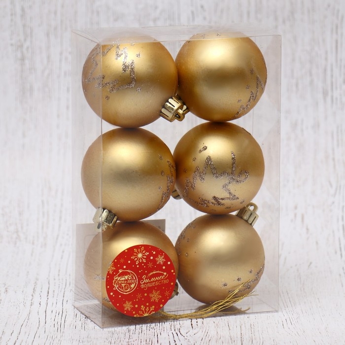 Набор шаров пластик d-6 см, 6 шт Набор шаров пластик d-6 см, 6 шт "Лиа ёлочки" золото