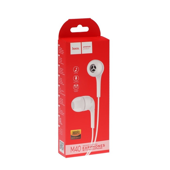 Наушники Hoco M40, проводные, вакуумные, микрофон, Jack 3.5 мм, 1.2 м, белые Наушники Hoco M40, проводные, вакуумные, микрофон, Jack 3.5 мм, 1.2 м, белые