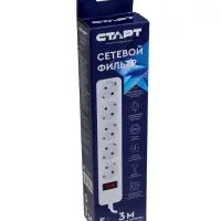 Сетевой фильтр СТАРТ, 5 розеток, 3 м, 10 А, ПВС 3×0.75 мм2, с заземлением, с выключателем, IP20, белый