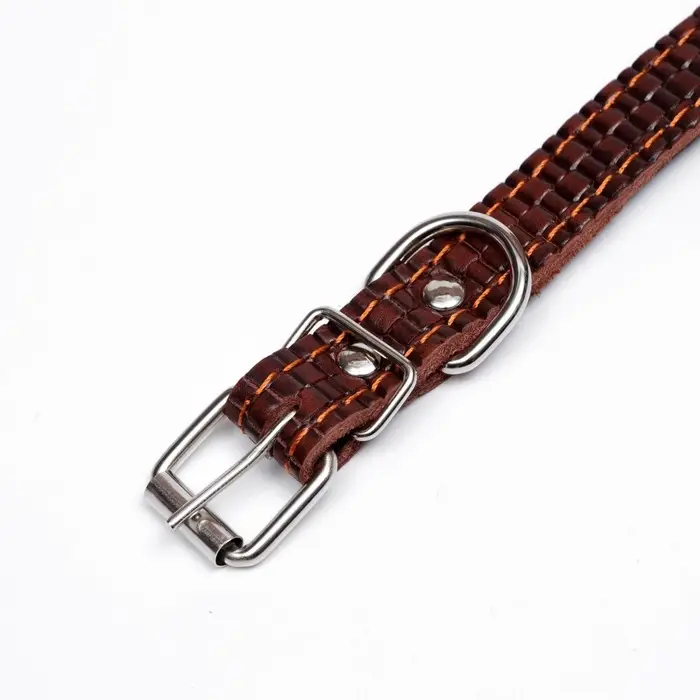 Ошейник кожаный с тиснением на синтепоне, 46&times;2 см, ОШ 25-35 см, коричневый