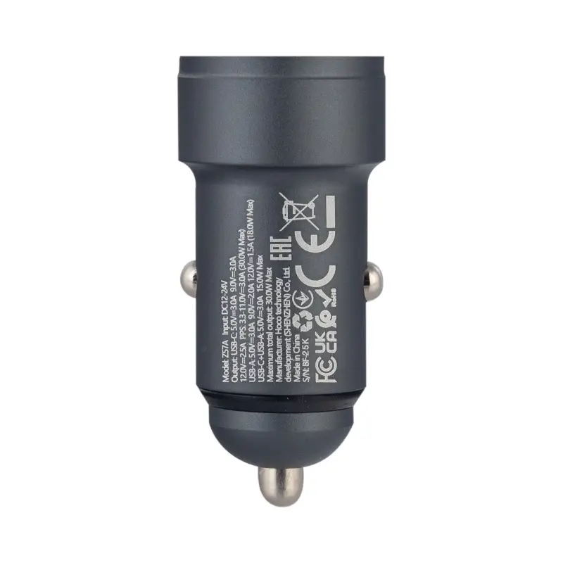 Автомобильное зарядное устройство с кабелем Type-C на Lightning PD30W + USB QC3.0 Z57A Hoco серый