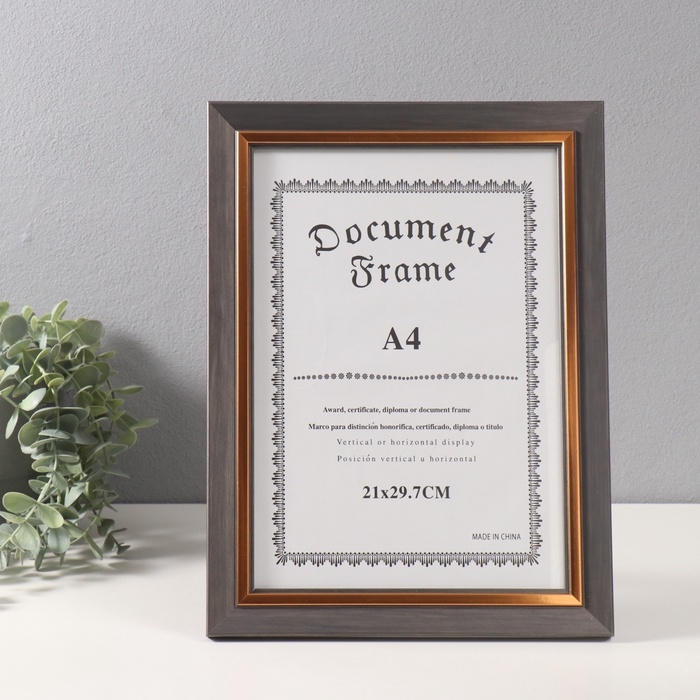 Фоторамка пластик формат А4 Фоторамка пластик формат А4 "Вайолетт" серая с золотой полосой 1,5х25,4х34 см