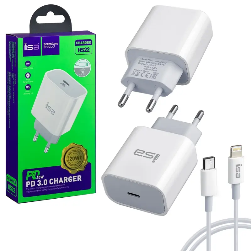 СЗУ HS22 Type-C на Lightning PD20W ISA белое СЗУ HS22 Type-C на Lightning PD20W ISA белое