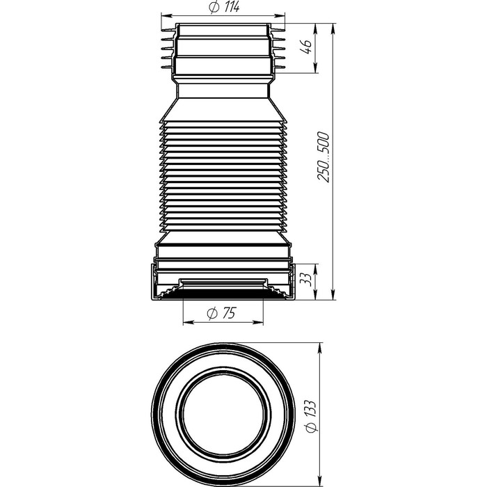 Гофра для унитаза Aquant, L=250-500 мм, с гребенкой