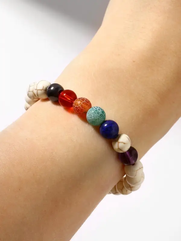 Браслет из бусин &laquo;Чакры. Планеты и Инь-ян&raquo;, d=7 см, разноцветный, белый с чернёным серебром