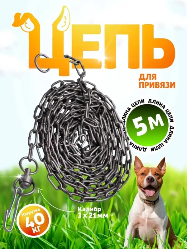 Цепь для привязи собак, 5 м, калибр 3&times;21 мм, черная