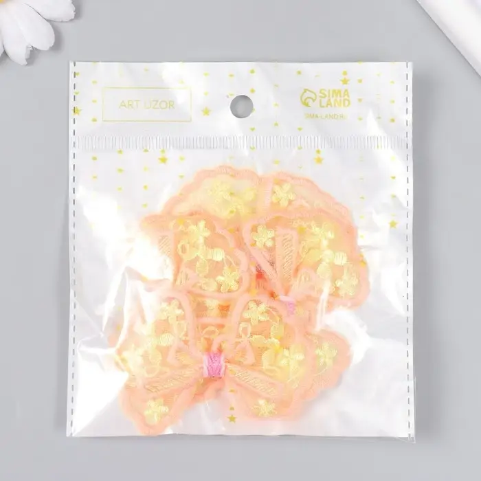 Декор для творчества текстиль вышивка "Бантик в цветочках оранжево-жёлтый" 7х5,5 см