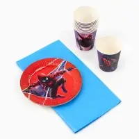 Посуда одноразовая бумажная на 10 персон: стаканы, тарелки, скатерть, Человек Паук