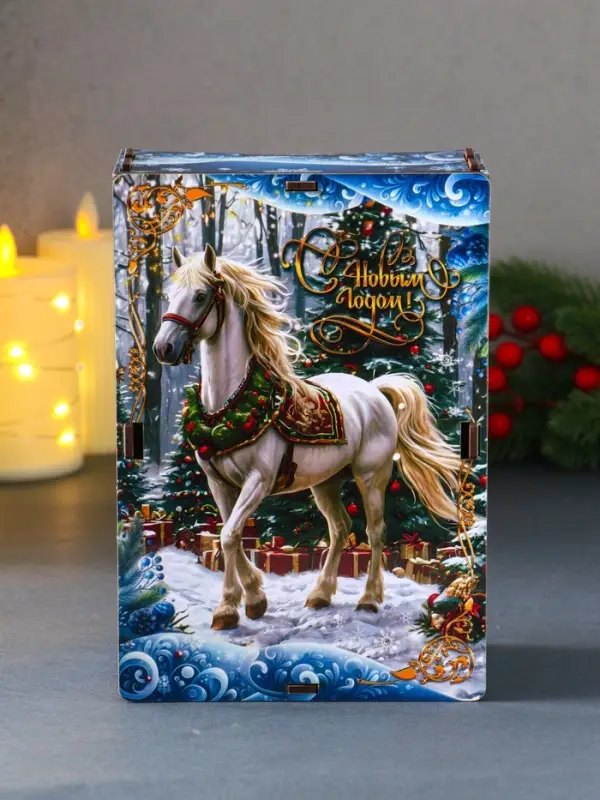 Шкатулка-ящик  самосборный малый с символом года  Шкатулка-ящик  самосборный малый с символом года "Белая лошадь на голубом",  20х13,6х8 см
