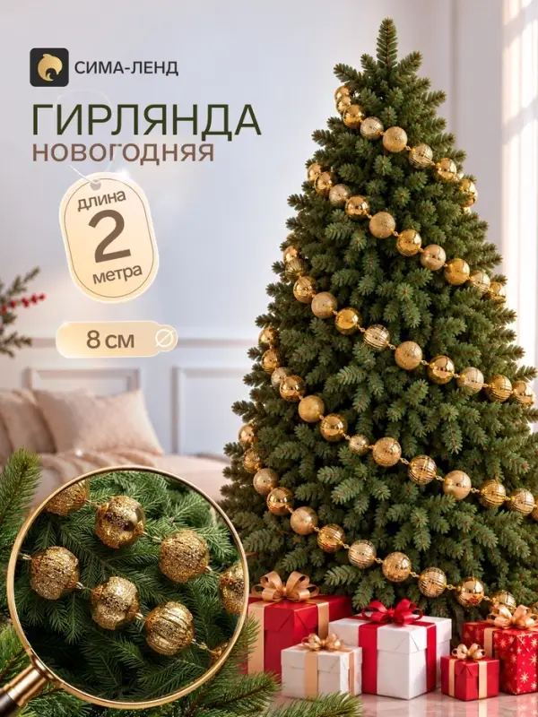 Гирлянда новогодняя 2 м &laquo;Сияние праздника&raquo; (шар d=8 см, 18 шт.), золотистая