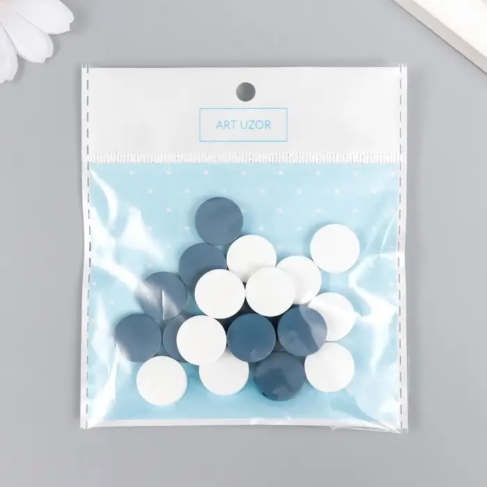 Бусины для творчества дерево "Плоский круг" набор 20 шт белый, серо-синий 0,4х1,5х1,5 см