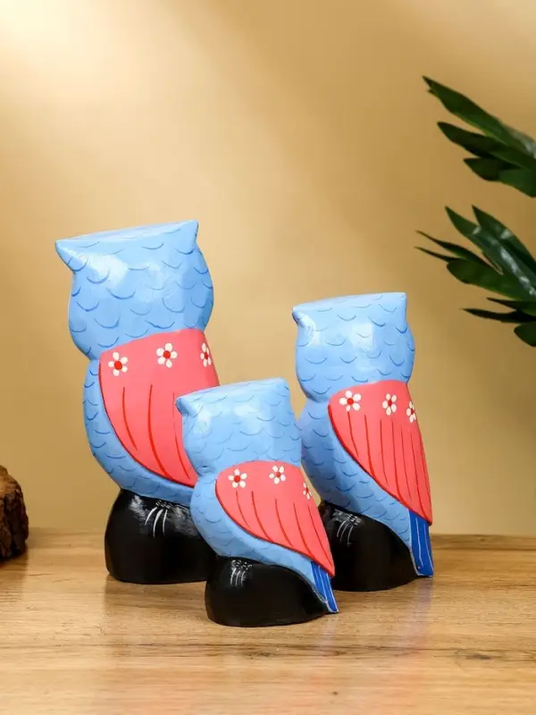 Набор сувенирный «Совы», h=18 см, h=14 см, h=11 см, дерево, розово-синий