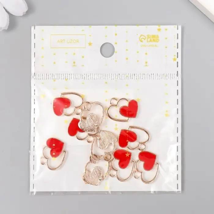 Металлический элемент, декоративная подвеска «Арт Узор. Два сердца», эмаль, красный с золотом, 1.5×1.7 см