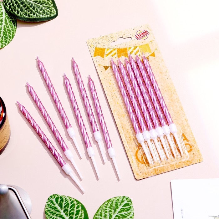 Свечи в торт витые с подставкой, 6 шт, 11 см, розовый блик Свечи в торт витые с подставкой, 6 шт, 11 см, розовый блик