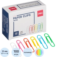Скрепки Deli с полимерным покрытием, 33 мм, разноцветные,100 шт/уп
