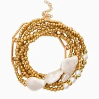 Браслет жемчуг "Барочный с цепями" (набор 7шт) , цвет белый в золоте